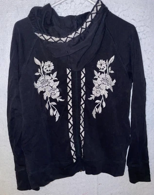 Miss Me Women's M Full Zip Hooded Jacket Sweatshirt Embroidered Floral Black - Image 1 of 4