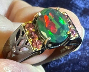 Unique Natural Black Opal Ring 925 Sterling Silver Size 7.75 Rhodium Plated Band - Picture 1 of 14