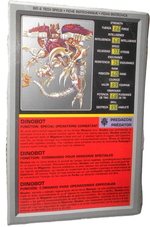 Transformers Beast Wars 1997 DINOBOT TM File Card Tech Specs Canada Transmetals - Image 1 of 1