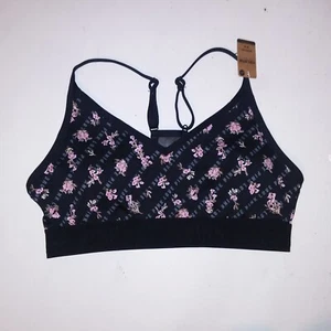 Victoria's Secret PINK Sport BH Bralette Medium Schwarz Logo Blumen Racerback Neu - Bild 1 von 9