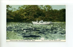 Postal antigua Hanson MA Mass 1911, mujer con perro en barco recogiendo lirios - Imagen 1 de 2