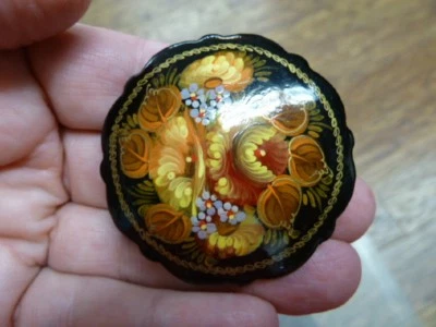 br-432) hand painted bouquet yellow orange red floral lacquer pin brooch Russian - Image 1 of 2
