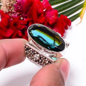 Bi-Colour Tourmaline & White Topaz 925 Sterling Silver Handmade Ring s.9 Sku58 - Picture 1 of 4