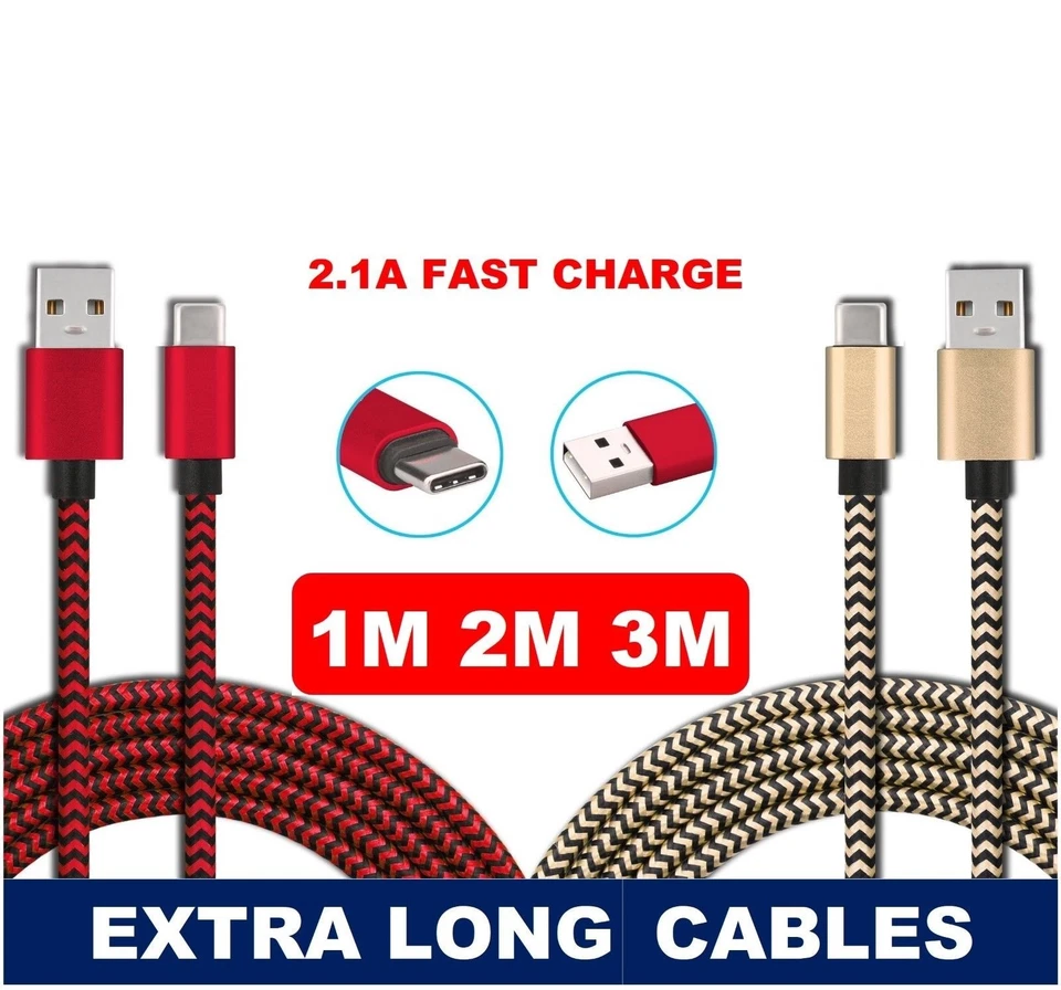 UK Strong Braided Nylon Fast USB C 3A Type C Data Sync Charger Charging Cable - Image 1 of 4