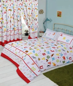 ABC KIDS BEDDING OR CURTAINS OR BEAN BAG COVER ANIMALS ALPHABET NUMBERS RED BLUE - Picture 1 of 5