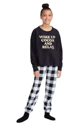Justice Girls Pajamas Set Black 10 2 Piece Top Checkered Pants Plush Winter Warm - Image 1 of 4
