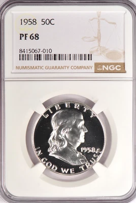 1958 Franklin Half Dollar Proof NGC PF 68 PR68 Frosty Coin 50C - Image 1 of 2