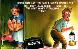 Vintage Bamforth Comic  MIDWIFE~3 Babies FATHER Taking Lantern #2647  Postcard - Picture 1 of 2