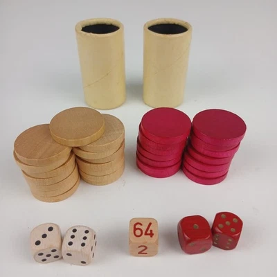 Vintage Wood Backgammon Pieces Dice Round Shakers Checkers 14 Red 15 Natural - Image 1 of 4