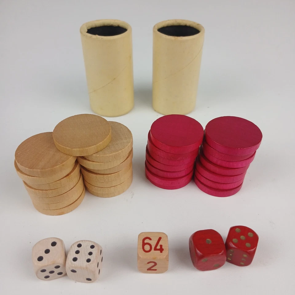 Vintage Wood Backgammon Pieces Dice Round Shakers Checkers 14 Red 15 Natural - Image 1 of 4