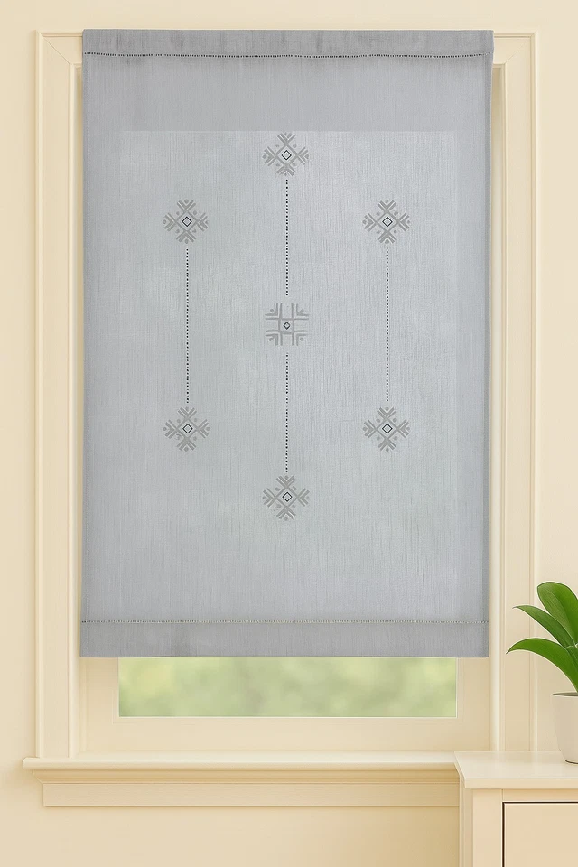 Tendina Arredo Dietro Vetro Puro Lino Ecrù con Ricamo Intaglio Elegante Finestra - Immagine 1 di 1