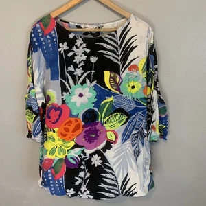 Jams World Shirt Women Medium Floral Hawaii USA Rayon Bright Colorful Top Ruffle - Picture 1 of 17