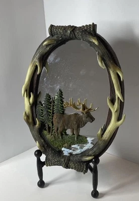 Oval Mirror Antlers Elk Deer W Iron Stand Rustic Cabin Country Decor 3D Design - Image 1 of 4