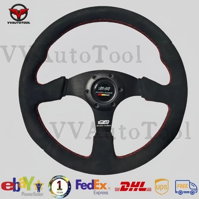 14" Mugen Racing Steering Wheel Suede Leather red line Flat Steering Wheel - Image 1 of 4