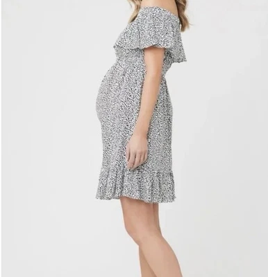 NWT Ripe Maternity Celest Off Shoulder Dress Size M White Black Leopard Print - Image 1 of 4