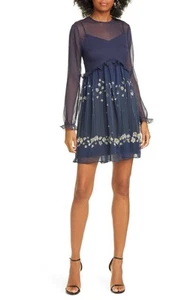 Ted Baker London Women Dark Blue Jewel Neck Pearl Floral Long Sleeve Mini Dress - Picture 1 of 8