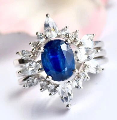 NATURAL KYANITE &WHITE TOPAZ STACKED RHODIUM PLATED 925 SILVER RING JEWELRY GIFT - Image 1 of 4