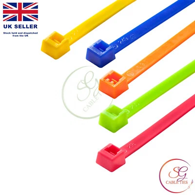 FLUORESCENT COLOUR CABLE TIES NYLON PLASTIC YELLOW GREEN BLUE ORANGE PINK - Image 1 of 2