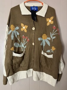 Aelfric Eden Oversize Cardigan Floral Unisex Medium Brown Beige Pocket NWT - Picture 1 of 5