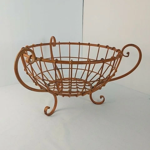 Vintage Metal Orange Rustic Ornate French Wire Basket 13"-15" Cover
