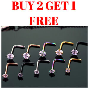 Nose Stud Pin Piercing Surgical Steel Thin Ear Ring End L shape Clawset Gem
