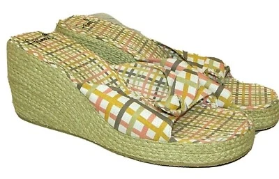 ANIMAL UK 8 WEDGE ESPADRILLES BEIGE BOW CHECK SANDALS NEW BEACH FESTIVAL SHOES  - Image 1 of 4