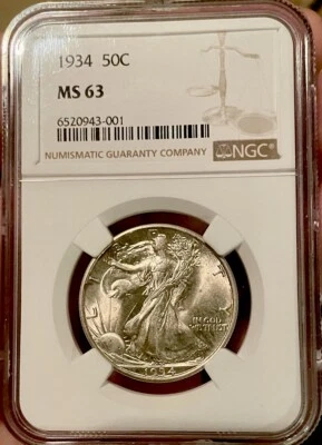 Meio dólar de prata 1934 P Walking Liberty NGC MS-63! Escolha BU, lindo espécime - Imagem 1 de 2