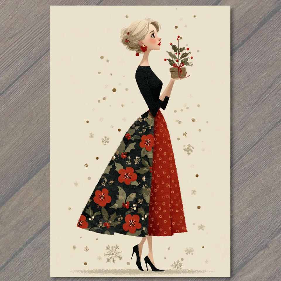 POSTAL Elegante Dama Acebo Falda Sosteniendo Regalo Retro Navidad Moda Estilo Foto 1 de 1