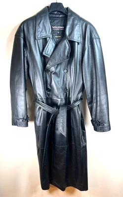 WILSONS  Mens Black Long Leather Thinsulate 3M Trench Coat w Detachable Liner S - Image 1 of 4