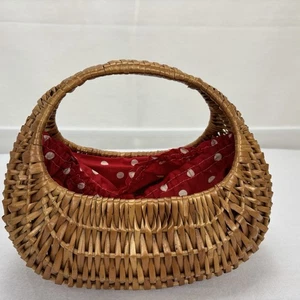 Vintage Wicker Rattan Gathering Gondola Basket Purse Polka Dot Fabric - Picture 1 of 8