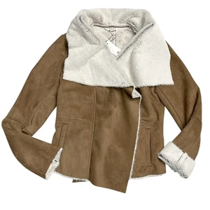 BB Dakota Damengröße S Wildlederimitat und Fell offene Kaskade Jacke Mantel hellbraun neu mit Etikett - Bild 1 von 8