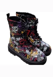 Yoki Graffiti Print Plateau Combat Rave Festival Stiefeletten Spitze/Reißverschluss Damen 8 - Bild 1 von 8