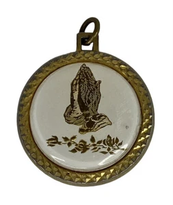 Vintage Gold Tone White Praying Hands Front Religious Quote Back 2-Sided Pendant - Picture 1 of 7