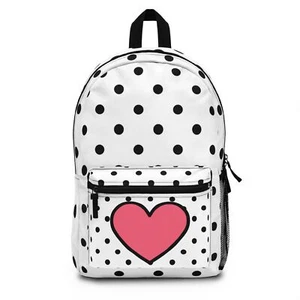 Rucksack weiß, schwarz gepunktet & rosa Herz, Schultasche, süßes Geschenk für Schüler - Bild 1 von 5