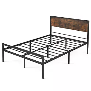 Full Size Metal Bed Frame Platform w/ Wooden Headboard No Box Spring Needed - Picture 1 of 9