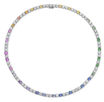 25Ct Round Simulated Multi-Color Sapphire Tennis Necklace 14K White Gold Plated - Image 1 of 4