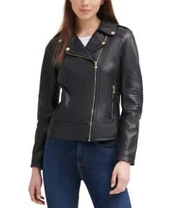 GUESS Women's Asymmetrical Genuine Leather Moto Coat, Black, Size S, $320, NwT - Picture 1 of 11