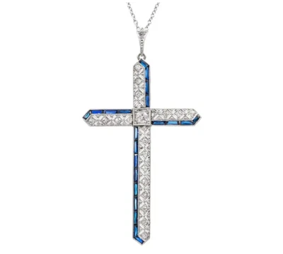 Classic Edwardian Cross Design Lab-Created Diamonds & Blue Sapphire Pendant - Image 1 of 3