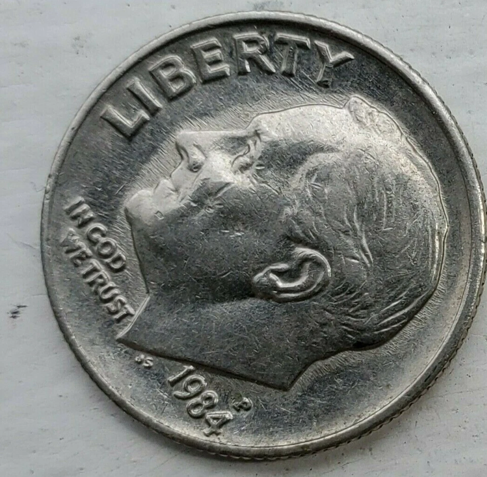  error 1984 roosevelt  dime. mint mark error  Something Stamped Under under p - Image 1 of 1