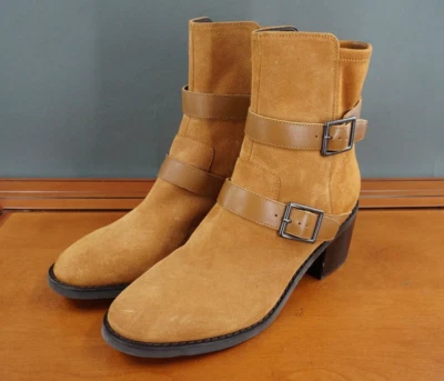 Donald Pliner Darby Women's 9.5 Tan Suede Block Heel Buckle Strap Ankle Boots - Image 1 of 4
