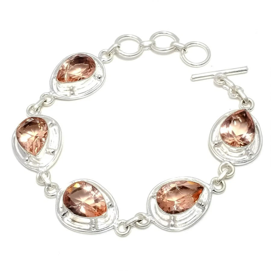 Brazalete de joyería de plata de ley 925 con piedras preciosas de morganita melocotón tamaño 7-8" Foto 1 de 1