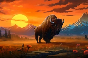 Nature Bison Buffalo Sunset Landscape Home Decor Wall Art Prints Painting Canvas - Picture 1 of 10