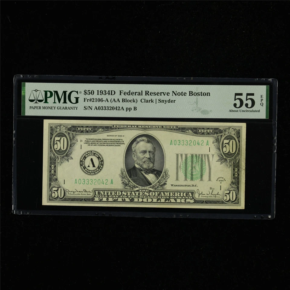 1934D Federal Reserve Note Boston 50 Dollars Fr#2106-A PMG 55 EPQ About UNC - Image 1 of 4