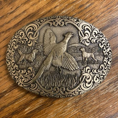 Hebilla de cinturón temática de caza faisán de latón macizo diseño de premio vintage pájaro perro Foto 1 de 3