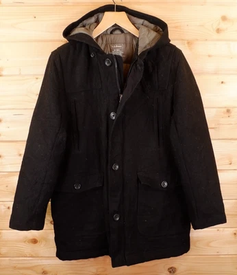 Vintage L.L.Bean Wool Blend Down Filled Padded Over Coat Jacket Medium Reg Black - Image 1 of 4