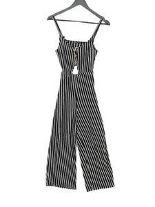 Pull&Bear Women's Jumpsuit S Black Striped 100% Cotton Straight Jumpsuit - Picture 1 of 6