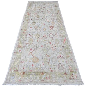 4'x9'10" Weiß Handgeknüpft Angora Oushak Blumenmuster Wolle Läufer Teppich G20486 - Bild 1 von 6