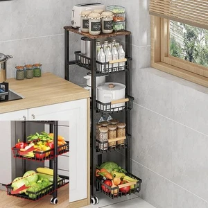 Metal Wire Baskets With Wheels Kitchen Storage Stackable Vegetable Fruit Cart Bi - Picture 1 of 7