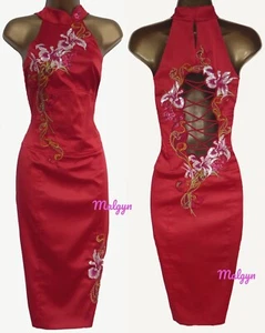 KAREN MILLEN ✩ STUNNING RED EMBROIDERED ORIENTAL CORSET WIGGLE DRESS ✩ UK 8 - Picture 1 of 8