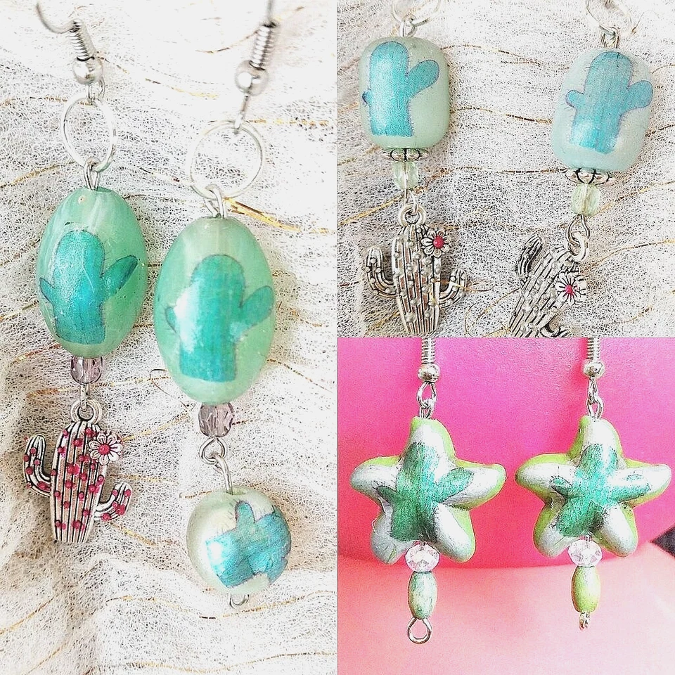 Lotto 3 orecchini CACTUS. Perline vetro fimo decorate a decoupage con cactus. - Immagine 1 di 1